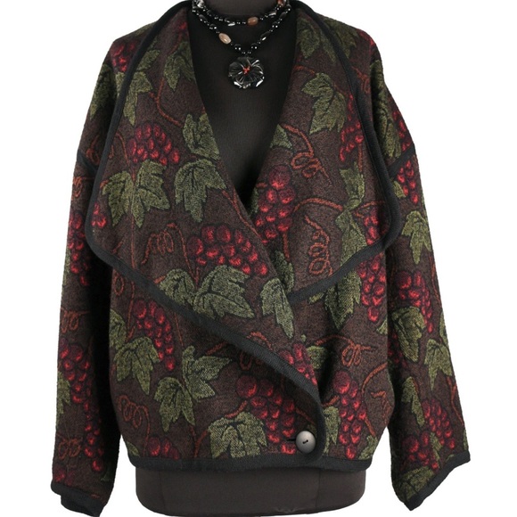 WINE THEME SWEATER JACKET VTG 1980s WOOL BLEND GRAPES OOAK JAPAN SIZE 10
